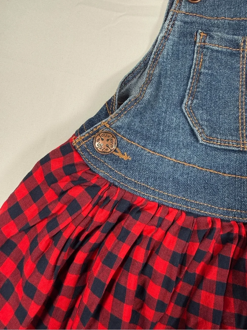OSHKOSH B’GOSH Toddler Girl Denim Plaid Vestbak Overall Dress Western Cowgirl 3T